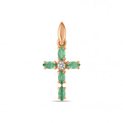 Крест с бриллиантом и изумрудами | Материал:Золото Цвет:Красный Проба:585 Для женщин Вставки:Бриллиант, Изумруд Примерный вес (г):1.94
