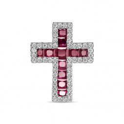 Крест с бриллиантами и рубинами | Материал:Золото Цвет:Белый Проба:750 Для женщин Вставки:Бриллиант, Рубин Примерный вес (г):1.3 