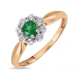 Золотое кольцо с бриллиантами и изумрудом | Материал:Золото Цвет:Красный Проба:585 Для женщин Вставки:Бриллиант, Изумруд Примерный вес (г):1.88 