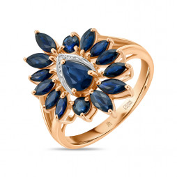 Золотое кольцо с бриллиантом и сапфирами | Материал:Золото Цвет:Красный Проба:585 Для женщин Вставки:Бриллиант, Сапфир Примерный вес (г):3.84 