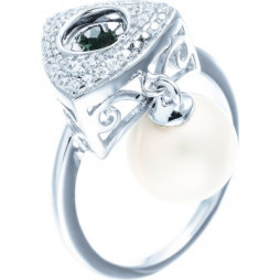 Кольцо с жемчугом и фианитами из серебра | Материал:Серебро Вставки:Фианит