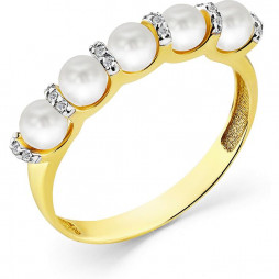 Кольцо с жемчугом и бриллиантами из жёлтого золота | Материал:Золото Цвет:Жёлтый Проба:585 Для женщин Вставки:Бриллиант, Жемчуг Примерный вес (г):2.93