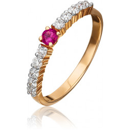 Кольцо с бриллиантами и рубином из красного золота | Материал:Золото Цвет:Красный Проба:585 Для женщин Вставки:Рубин, Бриллиант Примерный вес (г):1.43