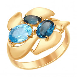 Кольцо из золота с голубым и синими топазами |	 Материал:Золото Цвет:Красный Проба:585 Для женщин Вставки:Топаз Голубой, Синий Примерный вес (г):3.01 Форма вставок:Овал