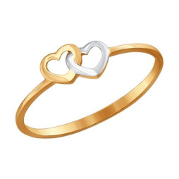 Тонкое золотое кольцо «Два сердца»  |	 Материал:Золото Цвет:Красный Проба:585 Для женщин Тематика:Любовь, Сердечки
