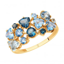 Кольцо из золота с голубыми и синими топазами | Материал:Золото Цвет:Красный Проба:585 Для женщин Вставки:Топаз Голубой, Синий Примерный вес (г):2.5 Форма вставок:Круг, Триллион