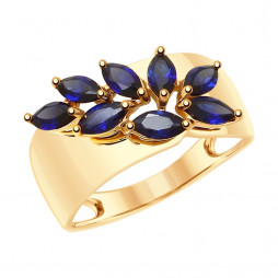 Кольцо из золота с синими корундами |	 Материал:Золото Цвет:Красный Проба:585 Для женщин Вставки:Корунд Синий Примерный вес (г):3.54 Форма вставок:Маркиз