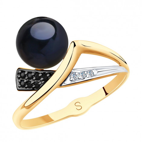 791141 - Кольцо золотое с чёрным жемчугом и фианитами купить