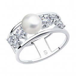 Кольцо из серебра с жемчугом и фианитами |	 Материал:Серебро Проба:925 Для женщин Вставки:Фианит Форма вставок:Круг