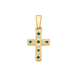 Крест из золота с бриллиантами и изумрудами | Материал:Золото Цвет:Красный Проба:585 Для женщин Вставки:Бриллиант, Изумруд Форма вставок:Круг