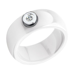 Керамическое кольцо с бриллиантом |	 Материал:Золото Цвет:Белый Проба:585 Для женщин Вставки:Бриллиант, Керамика Бесцветный, Белый Примерный вес (г):0.49 Форма вставок:Круг Тематика:1 камень