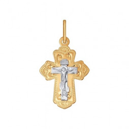 Крест из комбинированного золота с гравировкой |	 Материал:Золото Цвет:Комбинированный Проба:585 Для женщин Тематика:Православная