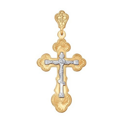Крест из комбинированного золота с гравировкой |	 Материал:Золото Цвет:Комбинированный Проба:585 Для женщин