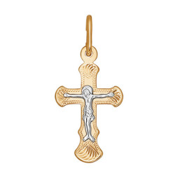 Крест из комбинированного золота с гравировкой |	 Материал:Золото Цвет:Комбинированный Проба:585 Для женщин Вставки:Без вставок Примерный вес (г):0.48