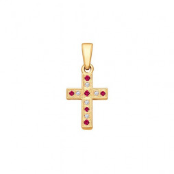 Крест из золота с бриллиантами и рубинами | Материал:Золото Цвет:Красный Проба:585 Для женщин Вставки:Бриллиант, Рубин Красный, Бесцветный Примерный вес (г):1.4 Форма вставок:Круг
