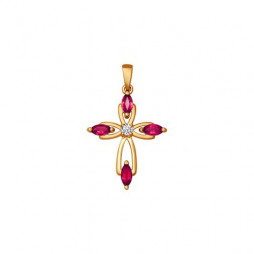 Крест из золота с бриллиантом и рубинами | Материал:Золото Цвет:Красный Проба:585 Для женщин Вставки:Бриллиант, Рубин Примерный вес (г):1.7  