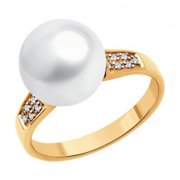 Кольцо из золота с бриллиантами и жемчугом | Материал:Золото Цвет:Красный Проба:585 Для женщин Вставки:Бриллиант, Жемчуг Бесцветный, Белый Примерный вес (г):3.88 Форма вставок:Круг  